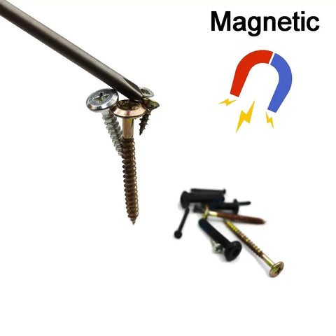 Long Philips Cross Screwdriver Bit Set 6 Pieces - 6 Inch S2 Steel Phillips Bits showing magnetic pickup ability with screws