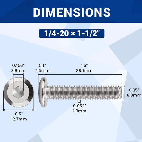 1/4-20 x 1-1/2 inch flat head binding screw dimensions with measurements shown, crafted from 18-8 304 stainless steel.