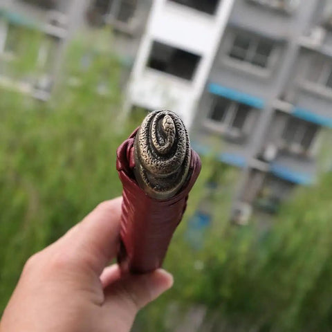 Close-up of Dope Japanese Samurai Katana Tsuka Handle Ten Point Two Inch DIY Replacement with alloy iron fittings