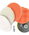 Six Piece 3 Inch Imitation Wool Polishing Pad Kit With M10 Drill Adapter Buffing Attachment shown with pads and adapter