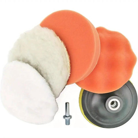 Six Piece 3 Inch Imitation Wool Polishing Pad Kit With M10 Drill Adapter Buffing Attachment shown with pads and adapter