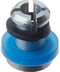 Close-up of Prestige safety valve for Deluxe pressure cooker; blue base with metal top.