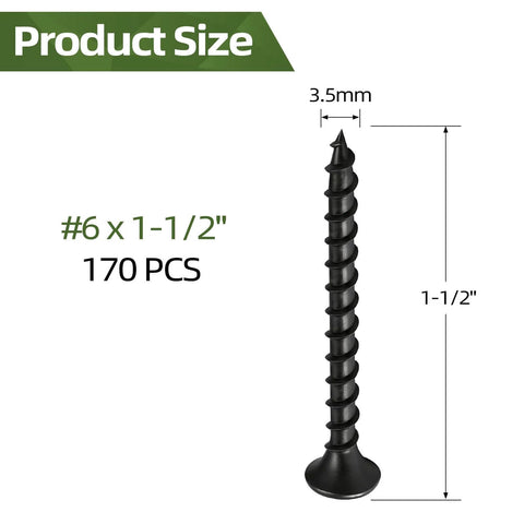 170 Piece Six Gauge One And A Half Inch Drywall Screws Set With Phillips Drive Self Tapping Bugle Head Coarse Thread Black Oxide Coated