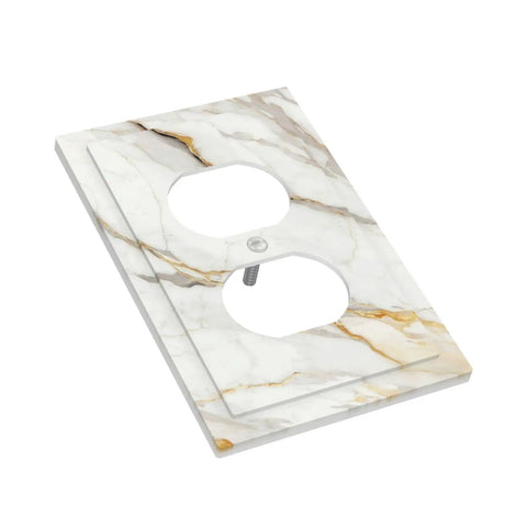 Sleek White And Gold Marble Abstract Light Switch Covers And Wall Plates Tough As Nails Polycarbonate Outlet Faceplates showing a dual outlet cover design.