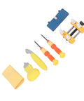 Watch Back Removal Repair Kit With Case Opener For Battery Replacement, including adjustable holder and four plastic pins displayed.