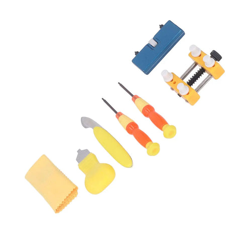 Watch Back Removal Repair Kit With Case Opener For Battery Replacement, including adjustable holder and four plastic pins displayed.
