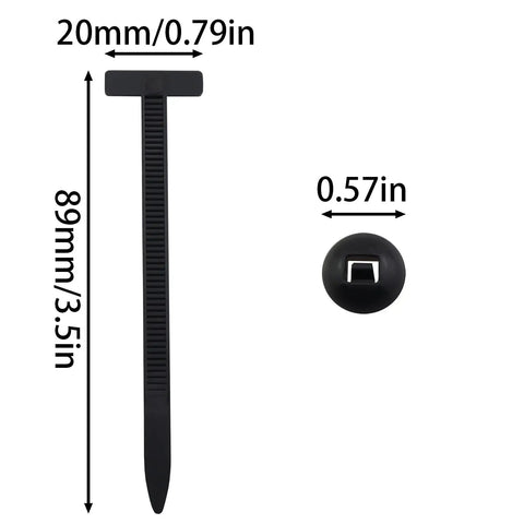 Heavy Duty Black Nylon Universal Cable Tie Buckles Push Mount Zipper Straps With Pin And Button Design dimensions shown