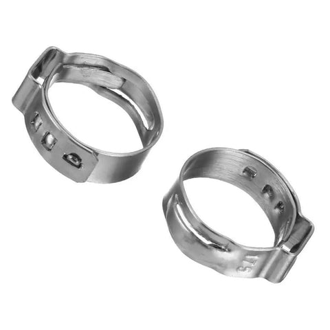 Close-up view of two stainless steel clamps from the Go-To 10-Piece PEX Stainless Steel Clamp Ring Set for Crimp Fittings and Single Ear Hose Clamps 7-14mm Range 360 Degree Grip Built-To-Last Pipe Repair Kit.