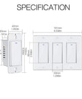 Specifications for Three-Way Smart Light Switch for Wall, 3-Gang, 2.4GHz WiFi, Neutral Wire Required, Remote Control With Smart Life Tuya.