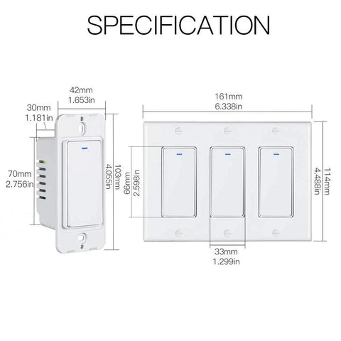 Specifications for Three-Way Smart Light Switch for Wall, 3-Gang, 2.4GHz WiFi, Neutral Wire Required, Remote Control With Smart Life Tuya.