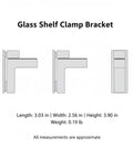 Dimensions and design of Compact Metal Alloy Clamp Bracket for glass shelves, side and top views, drill-free mount.