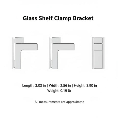 Dimensions and design of Compact Metal Alloy Clamp Bracket for glass shelves, side and top views, drill-free mount.