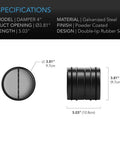 Dimensions and specifications of 4 Inch Backdraft Damper Duct Insert With Spring Loaded Folding Blades For 4 Inch Ducts In Range Hoods