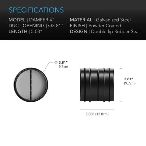 Dimensions and specifications of 4 Inch Backdraft Damper Duct Insert With Spring Loaded Folding Blades For 4 Inch Ducts In Range Hoods