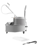 Commercial 55L Fryer Filter Cart With 8.45 Gal Per Minute Speed For Restaurant Kitchens Stainless Steel Oil Filtering System Burger Stores side view showing hose and rolling wheels.