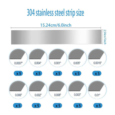 50-pack 1-in x 6-in 304 stainless shim stock; assorted thicknesses 0.001–0.01 in for leveling and gap filling