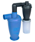 Cyclone Dust Collector for Woodworking, 50T4 T32 Series, Vacuum With Filter Separator, blue and black unit with attachment pipe.