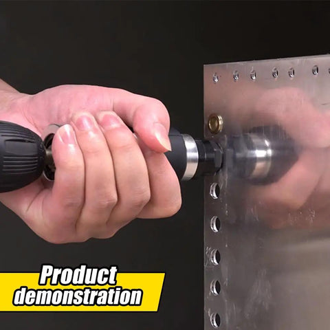 Two In One Rivet Nut Tool For Drill Converts To A Rivet Gun And Rivnut Tool Kit Includes Twelve Mandrels And Four Rivet Heads Works With 18V To 24V Cordless Drills installed on metal panel