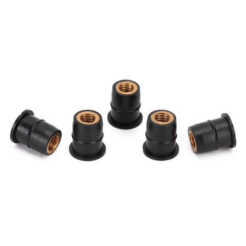 50 Pack M6x0.8mm Rubber Well Nuts With Captive Brass Inserts For Motorcycle Windscreen And Atv Panel Mounting, close-up view of fasteners.