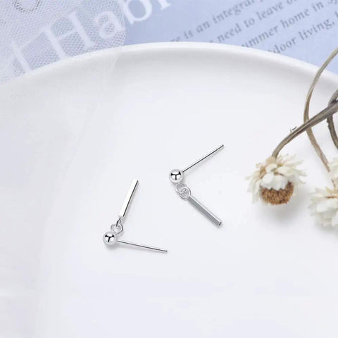Sterling Silver Bar Dangle Stud Earrings For Women And Girls, Minimalist Chic Tiny Ball Bead Earrings, hypoallergenic nickel free, 16.5mm