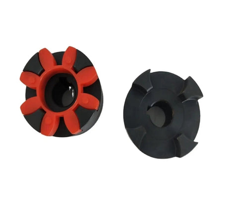 XL Star Type Jaw Coupling With Shock Absorbing Rubber Spider Center Built Like A Tank For Heavy Duty Motor Drives, black and red rubber design.