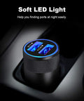 Robust Dual Port Car Charger With Hella Fast Sync Tech Featuring Quick Charge 3.0, showing illuminated USB ports for night use.