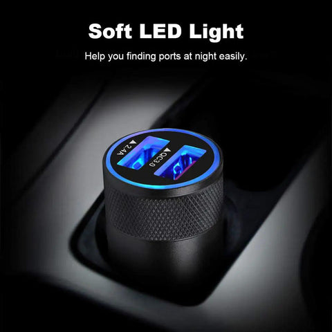 Robust Dual Port Car Charger With Hella Fast Sync Tech Featuring Quick Charge 3.0, showing illuminated USB ports for night use.