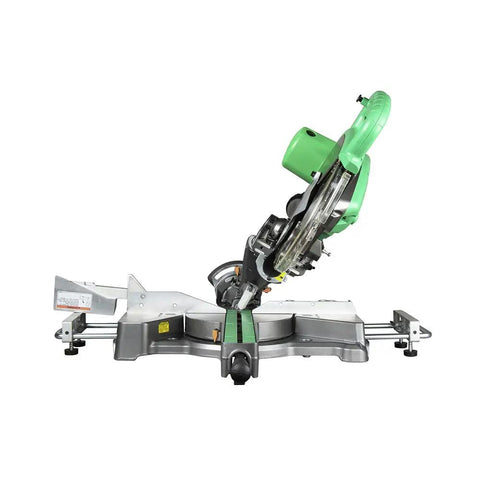 10 Inch Sliding Compound Miter Saw With Adjustable Laser Guide, Double Bevel, 12 Amp Motor, showcasing tilting blade and base