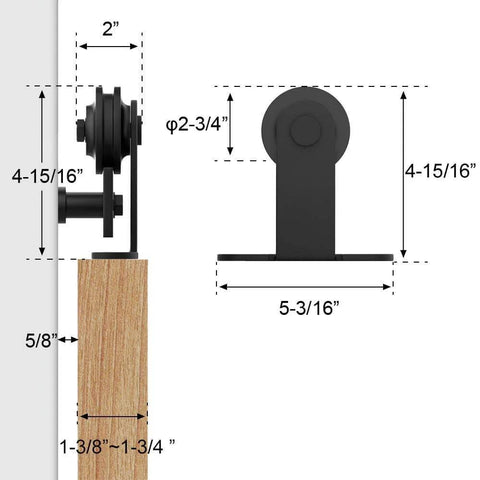 Side view of 6.6Ft Antique Top Mount Double Sliding Barn Door Hardware Cabinet Kit Black Finish With 79.2In Track components