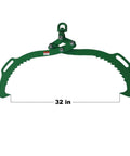 Green log lifting tongs with two serrated swivel claws, 32-inch opening, heavy duty timber grapple for lumber skidding, front view.