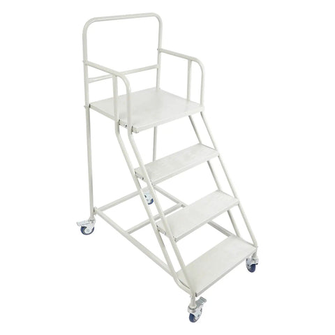 Rock Solid Four Step Rolling Ladder With Sturdy Rails And Non Slip Steel Treads Built Tough For No Fuss Warehouse Access And Smart Closet Organization Supports 882 lbs, features four steps and wheels for easy mobility.