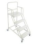 Industrial Four Step Rolling Ladder With Smooth Glide Casters And Non Slip Treads For Daily Shop Grinds Climb Up Easy To Grab Those High Shelves Without Breaking A Sweat Handles 880 Pounds Of Heavy Equipment Securely, white cold rolled steel design.