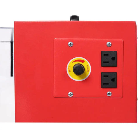 Control panel of Beastly Benchtop Dust Collector with 725 CFM Air Filtration, HEPA Filter, variable speed dial, and dual 110V outlets.