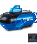 Blue and black mini RC submarine toy with 4 channel remote control for forward dive, backward surfacing, left and right turns.