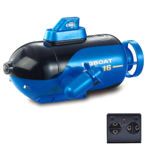 Blue and black mini RC submarine toy with 4 channel remote control for forward dive, backward surfacing, left and right turns.