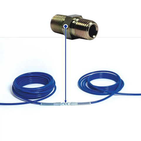 1/4 Inch Nipple Hose Connector For Airless Paint Hoses, 5000 Psi Rated, showing connector and coiled hoses