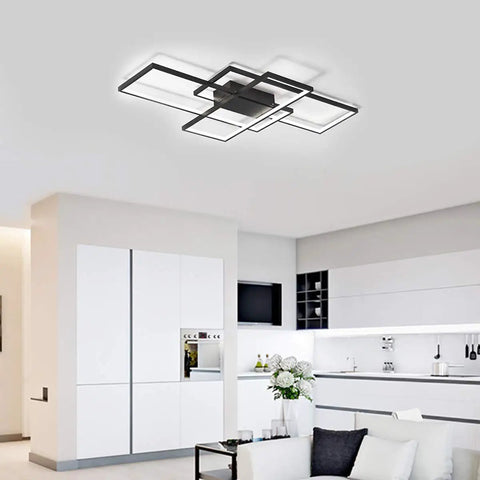 Three Square LED Ceiling Light 75W Modern Flush Mount Chandelier In Black Acrylic Cool White 6000K installed in a sleek kitchen