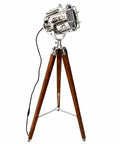 Nautical Style Chrome Spotlight Floor Lamp With Brown Wood Tripod Stand, Vintage Vibe For Home And Office Decor, Rustic Charm