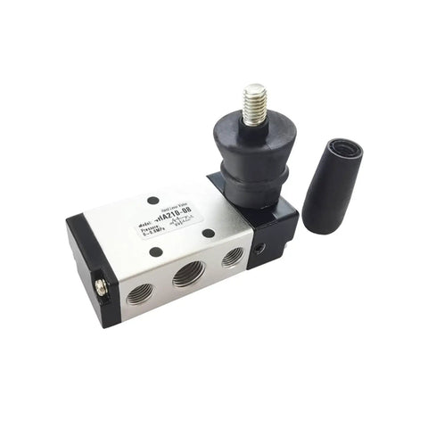 Five Way Pneumatic Air Valve With Hand Lever, One Quarter Inch Inlet, Two Position, Five Port, Aluminum Body, 8mm Fittings