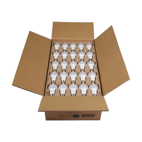 Box of 100 9W A19 LED Light Bulbs 60W Replacement 2700K Warm White E26 Base Damp Location 10,000 Hour Life in frosted finish.