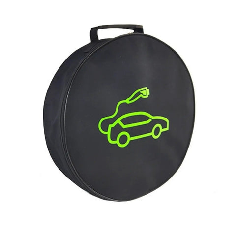 Slick EV Cable Carrier Bag For Electric Vehicle Charging Cables And RV Sewer Hose Organizer featuring waterproof black design with green logo.