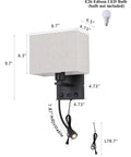 Dimensions of Plug In Black Wall Sconce With USB Port For Charging, Bedside Reading Lamp In Farmhouse Style, LED Wall Light With On Off Switch.