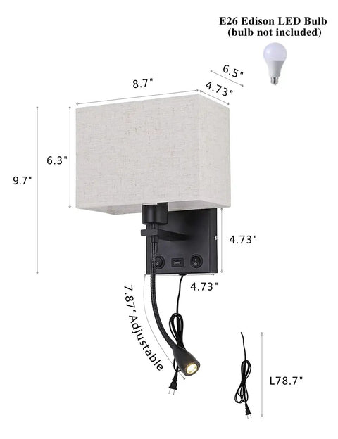 Dimensions of Plug In Black Wall Sconce With USB Port For Charging, Bedside Reading Lamp In Farmhouse Style, LED Wall Light With On Off Switch.