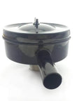 Front view of Air Compressor Silencer Three Quarter Inch NPT Pipe Thread And Twenty Six Millimeter Male Thread Five Inch Diameter Inlet Muffler Plus Beefy Air Filter Element Heavy Duty Metal Sound Reduction Unit For Quiet Performance