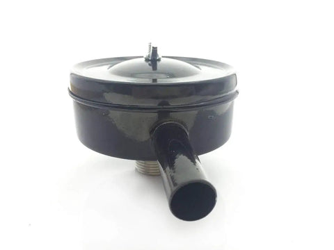 Front view of Air Compressor Silencer Three Quarter Inch NPT Pipe Thread And Twenty Six Millimeter Male Thread Five Inch Diameter Inlet Muffler Plus Beefy Air Filter Element Heavy Duty Metal Sound Reduction Unit For Quiet Performance