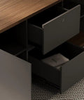Close-up of Boss Mode Executive Computer Desk For Home Office showing drawers with a walnut top and gray finish, ideal for organizing.