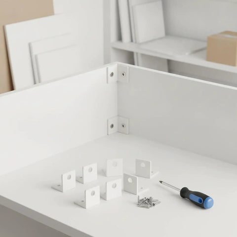 Pro Grade White Iron L Brackets For Furniture Assembly Corner Reinforcement Brackets 2.6 X 2.6 Inch shown on a table with screws and screwdriver