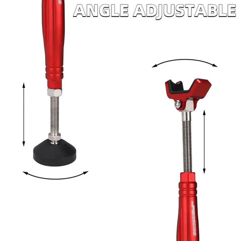 Red Motorcycle Front And Rear Wheel Stand Lift Portable Trail Stand with adjustable angle feature and 29cm travel size.