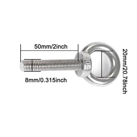4 Pack M8 Stainless Steel Eye Bolts With Washers And Nuts, Beefy Heavy Duty Ring Eyebolts For Lifting And Securing, 2 Inch Thread Length, 85mm Total Length, 20mm Ring Inner Diameter