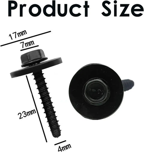 Solid Heavy Hex Head Screws For Fender Wheelhouse Console Replacement Compatible Gm Chevy Camaro Colorado Buick Cruze Set Of Ten Black Finished Fasteners showing size dimensions of 17mm width and 23mm length.